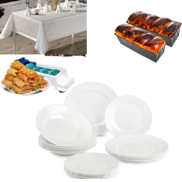 Serviciu de masa DELUXE 12 piese, Opal, albe + Fata de masa pentru 6 persoane, alba + Tava cozonac + Dolmer sarmale!