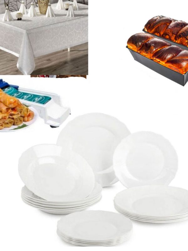 Serviciu de masa DELUXE 12 piese, Opal, albe + Fata de masa pentru 6 persoane, alba + Tava cozonac + Dolmer sarmale!