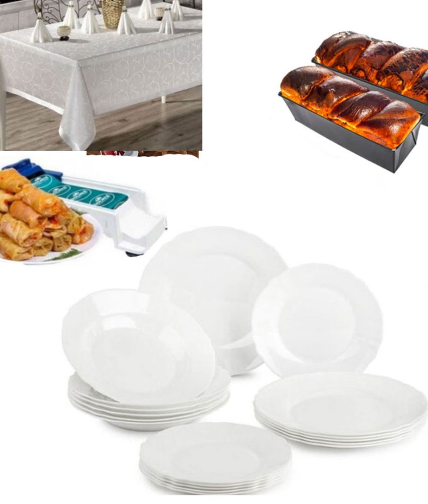 Serviciu de masa DELUXE 12 piese, Opal, albe + Fata de masa pentru 6 persoane, alba + Tava cozonac + Dolmer sarmale!