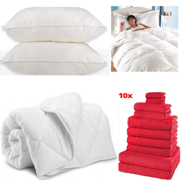 Pilota alba, pentru pat dublu 180x210cm, 200g + Set 2 Perne Pufoase Hypo-Alergice, 50 X 70 cm, gama hoteliera + Set 10 Prosoape bumbac 100%, diferite culori!