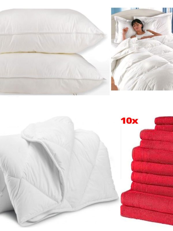 Pilota alba, pentru pat dublu 180x210cm, 200g + Set 2 Perne Pufoase Hypo-Alergice, 50 X 70 cm, gama hoteliera + Set 10 Prosoape bumbac 100%, diferite culori!