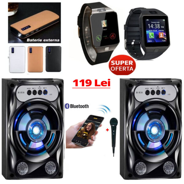 Boxa Portabila +1 Cadou, Bluetooth Usb, Radio Fm, AUX, SD + Baterie Externa Smart Power Bank 20000 mAh, 3x USB, functie Lanterna, Design Piele + Ceas Smartwatch cu Bluetooth!
