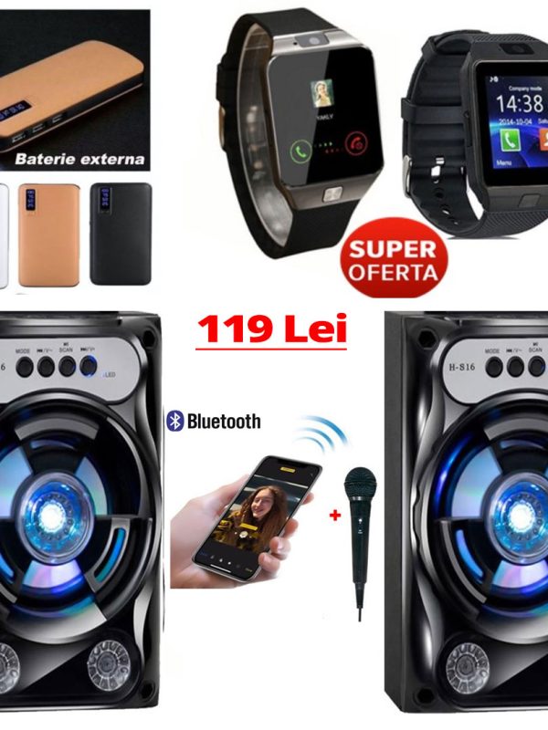 Boxa Portabila +1 Cadou, Bluetooth Usb, Radio Fm, AUX, SD + Baterie Externa Smart Power Bank 20000 mAh, 3x USB, functie Lanterna, Design Piele + Ceas Smartwatch cu Bluetooth!