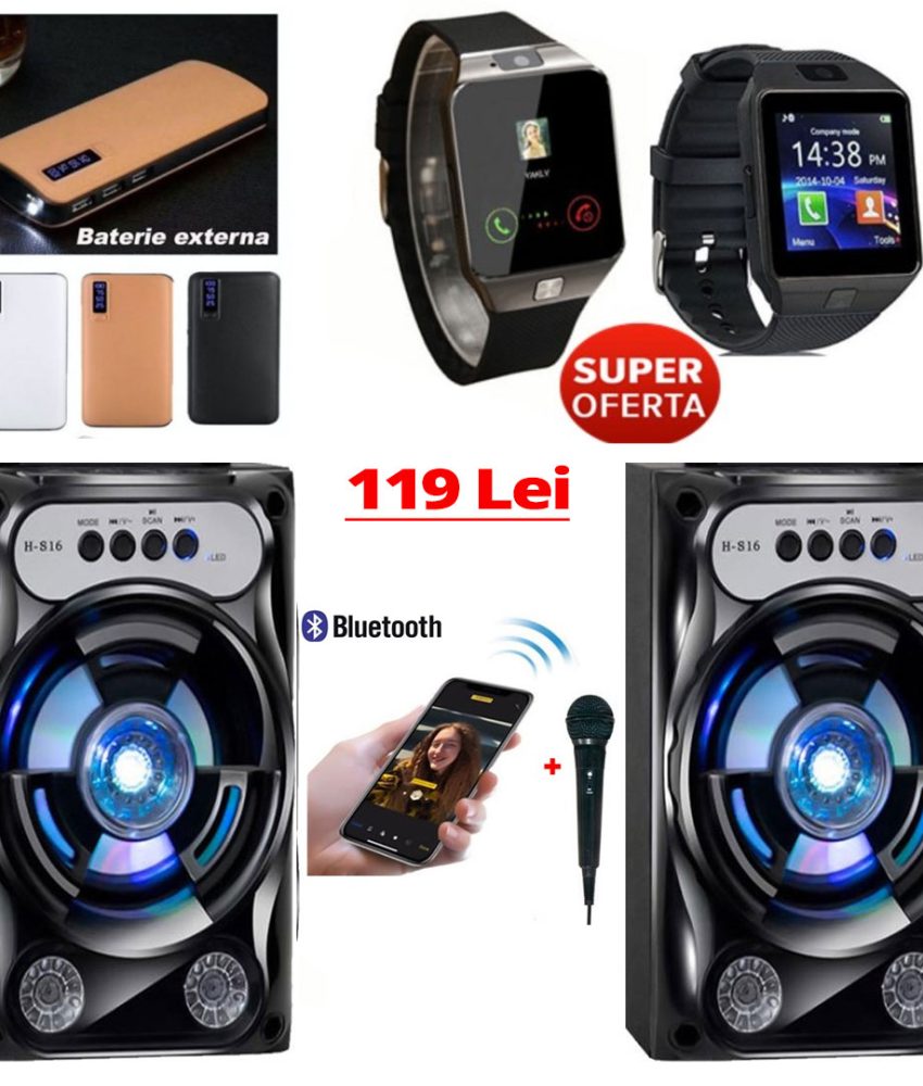 Boxa Portabila +1 Cadou, Bluetooth Usb, Radio Fm, AUX, SD + Baterie Externa Smart Power Bank 20000 mAh, 3x USB, functie Lanterna, Design Piele + Ceas Smartwatch cu Bluetooth!