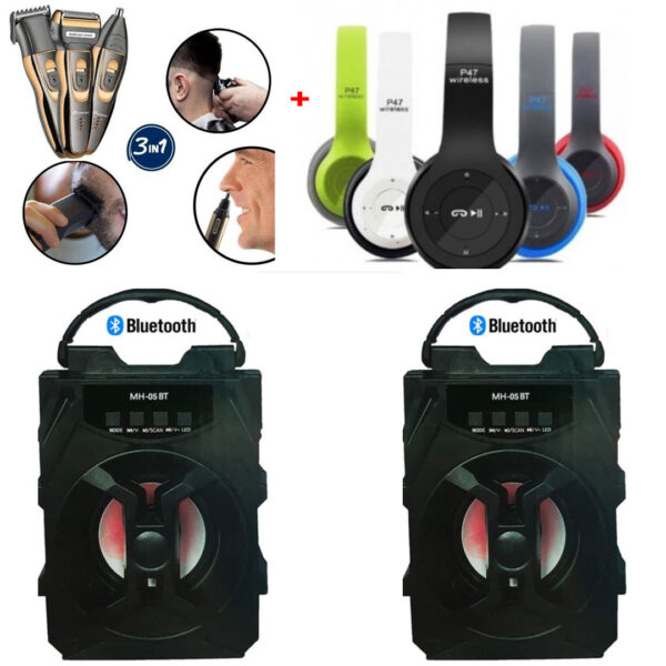 Aparat de tuns multifunctional 3 in 1 ProGemei + Casti Bluetooth Profesionale P47 + Sistem audio 2 Boxe Active cu Bluetooth, Radio FM AUX SD CARD USB Leduri Disco!