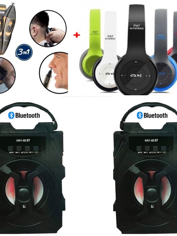 Aparat de tuns multifunctional 3 in 1 ProGemei + Casti Bluetooth Profesionale P47 + Sistem audio 2 Boxe Active cu Bluetooth, Radio FM AUX SD CARD USB Leduri Disco!