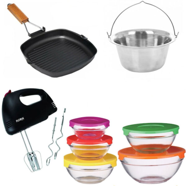 Mixer electric, 7 viteze + Tigaie Grill cu maner pliabil + Ceaun + Cadou Set 10 piese vase din sticla termorezistenta cu capace!