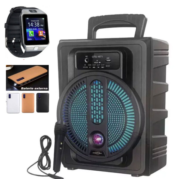Boxa Portabila GTS-1671, Wireless cu Bluetooth si Lumini, Citire MP3 SD card, USB, Radio Fm + Ceas Inteligent cu Bluetooth + Cadou o Baterie Externa 20000mAh!
