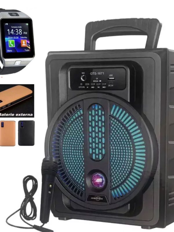 Boxa Portabila GTS-1671, Wireless cu Bluetooth si Lumini, Citire MP3 SD card, USB, Radio Fm + Ceas Inteligent cu Bluetooth + Cadou o Baterie Externa 20000mAh!