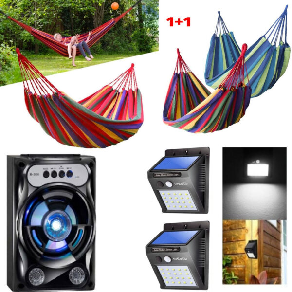 Boxa portabila cu Bluetooth, usb, radio, stick cu acumulator, leduri cadou + Set 2 Hamace Columbiene din in 80x200 cm+ Set 2 Lampi cu senzori si incarcare solara