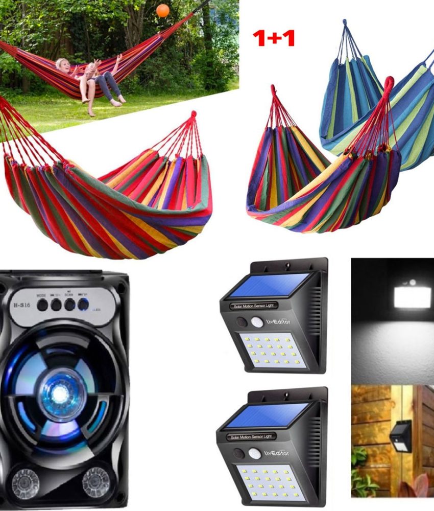 Boxa portabila cu Bluetooth, usb, radio, stick cu acumulator, leduri cadou + Set 2 Hamace Columbiene din in 80x200 cm+ Set 2 Lampi cu senzori si incarcare solara