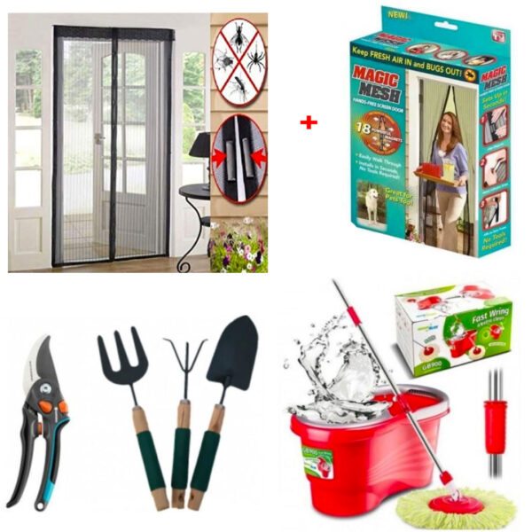 Mop Rotativ 360 cu galeata Easy Spin, maner telescopic + Foarfeca gradina + Set 3 Ustensile Gradina+ Perdea impotriva insectelor cu prindere magnetica, Magic Mesh!