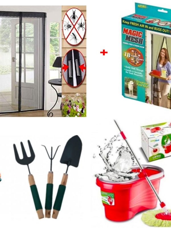 Mop Rotativ 360 cu galeata Easy Spin, maner telescopic + Foarfeca gradina + Set 3 Ustensile Gradina+ Perdea impotriva insectelor cu prindere magnetica, Magic Mesh!