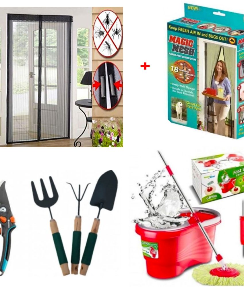 Mop Rotativ 360 cu galeata Easy Spin, maner telescopic + Foarfeca gradina + Set 3 Ustensile Gradina+ Perdea impotriva insectelor cu prindere magnetica, Magic Mesh!