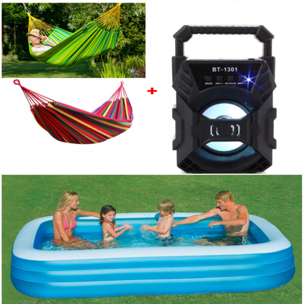 Piscina gonflabila JRH, 2 inele Family Pool, dreptunghiulara, 201x150x51cm + Hamac Columbian in multicolor + Cadou Boxa Portabila ZQS Bluetooth Radio FM AUX SD CARD USB Leduri Disco