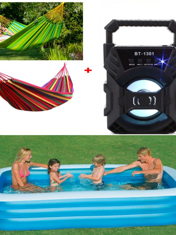 Piscina gonflabila JRH, 2 inele Family Pool, dreptunghiulara, 201x150x51cm + Hamac Columbian in multicolor + Cadou Boxa Portabila ZQS Bluetooth Radio FM AUX SD CARD USB Leduri Disco