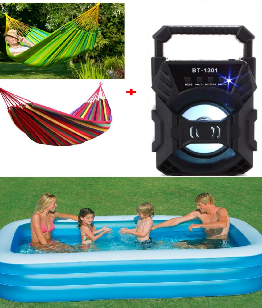 Piscina gonflabila JRH, 2 inele Family Pool, dreptunghiulara, 201x150x51cm + Hamac Columbian in multicolor + Cadou Boxa Portabila ZQS Bluetooth Radio FM AUX SD CARD USB Leduri Disco