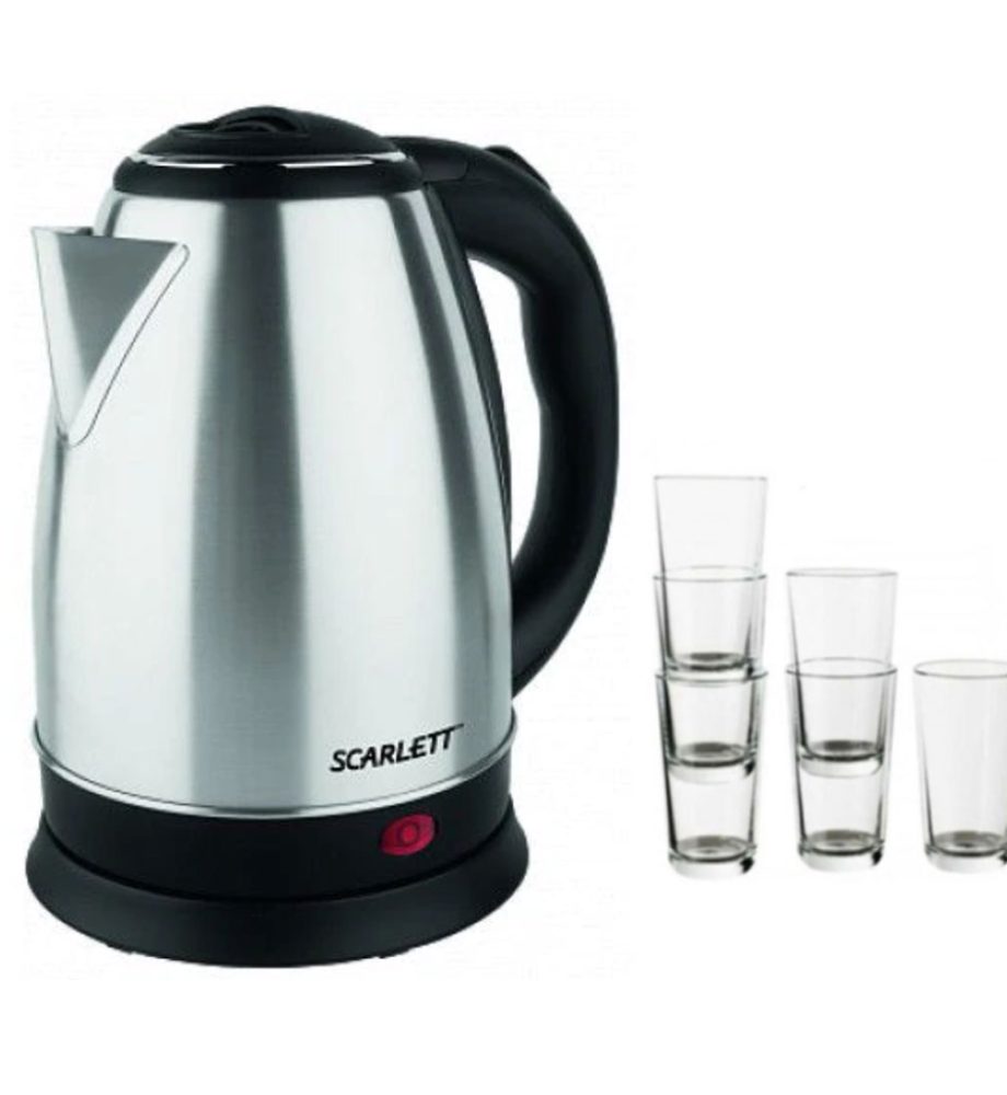 Cana fierbator inox, 1500 W, 2 L, Scarlett/Floria 2768, protectie supraincalzire + Cadou Set 6 Pahare sticla