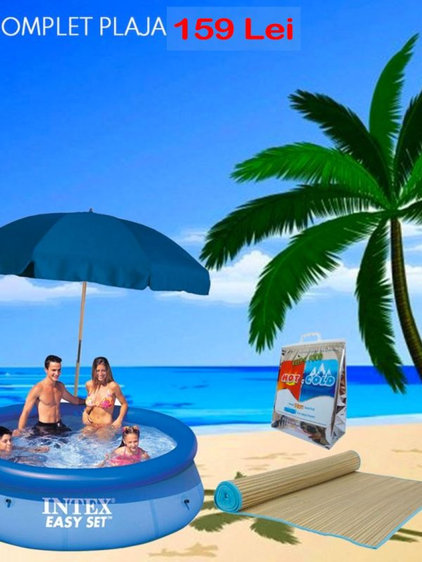 Kit complet plaja! Piscina Gonflabila Intex 780l, Diametru 168cm + Rogojina De Plaja Din Bambus + Umbrela de plaja diametru 150cm + CADOU Geanta Frigorifica!