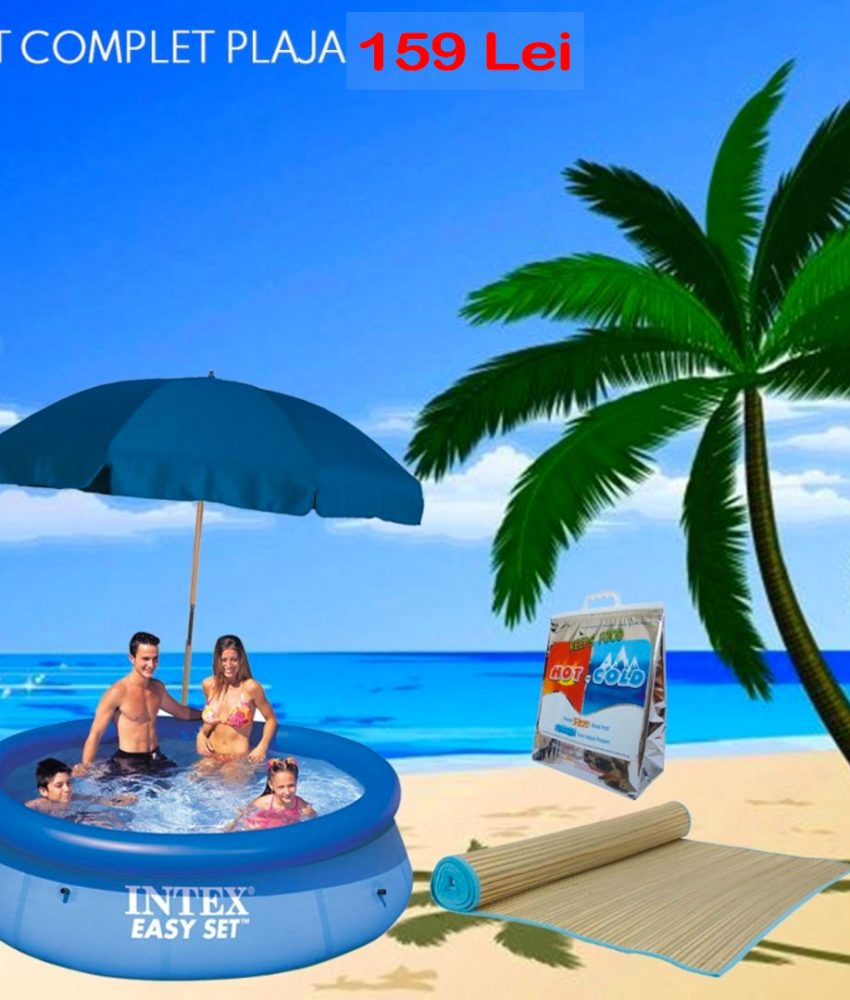 Kit complet plaja! Piscina Gonflabila Intex 780l, Diametru 168cm + Rogojina De Plaja Din Bambus + Umbrela de plaja diametru 150cm + CADOU Geanta Frigorifica!