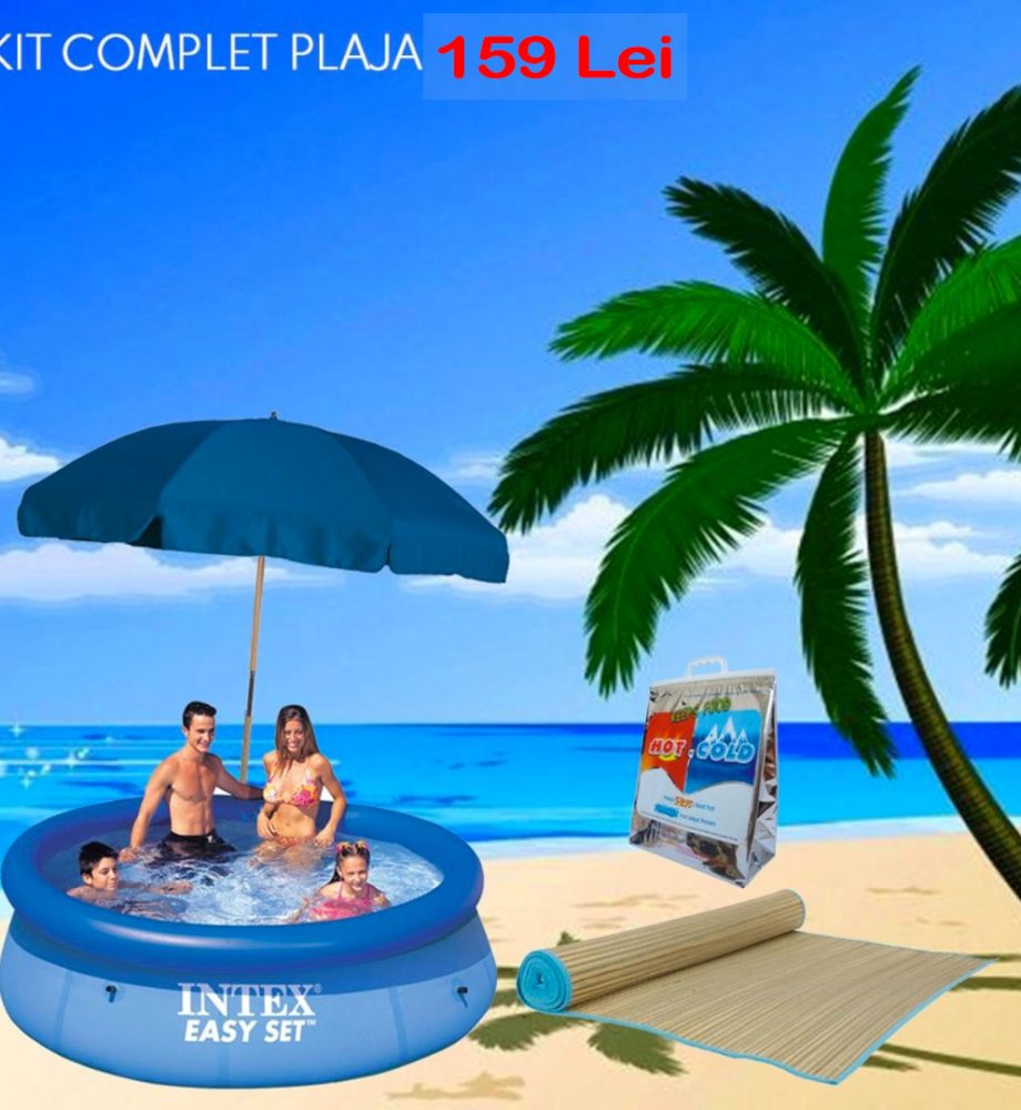 Kit complet plaja! Piscina Gonflabila Intex 780l, Diametru 168cm + Rogojina De Plaja Din Bambus + Umbrela de plaja diametru 150cm + CADOU Geanta Frigorifica!