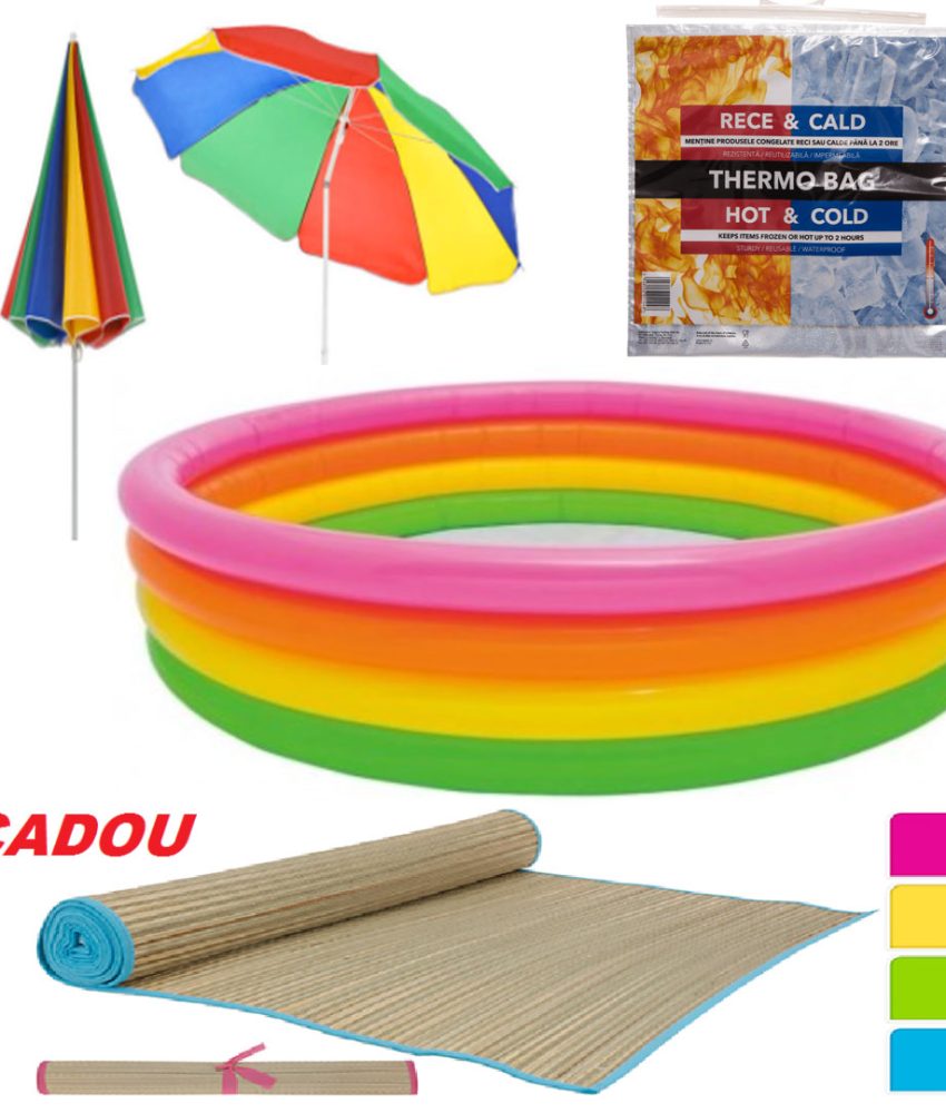 Kit complet plaja! Piscina Gonflabila Intex 780l, Diametru 168cm + Rogojina De Plaja Din Bambus + Umbrela de plaja diametru 150cm + CADOU Geanta Frigorifica!
