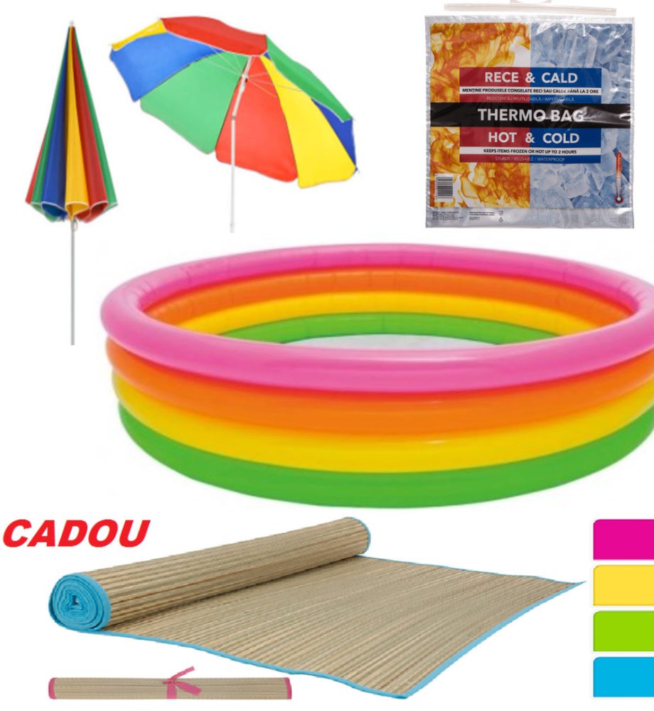 Kit complet plaja! Piscina Gonflabila Intex 780l, Diametru 168cm + Rogojina De Plaja Din Bambus + Umbrela de plaja diametru 150cm + CADOU Geanta Frigorifica!