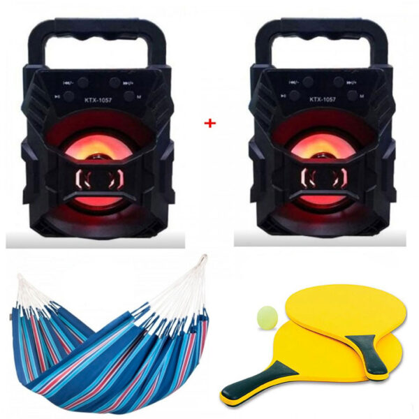 Hamac Columbian din in multicolor 80x200 cm + 2 Boxe Portabile KTX Bluetooth Radio FM AUX SD CARD USB Leduri Disco + Cadou Set Palete de plaja cu minge!