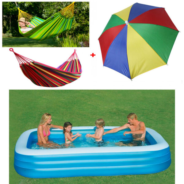 Piscina gonflabila JRH, 2 inele Family Pool, dreptunghiulara, 201x150x51cm + Hamac Columbian Din In Multicolor 80x200 cm+ Cadou Umbrela Cu Protectie Uv!