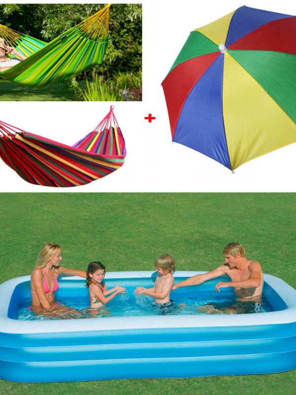 Piscina gonflabila JRH, 2 inele Family Pool, dreptunghiulara, 201x150x51cm + Hamac Columbian Din In Multicolor 80x200 cm+ Cadou Umbrela Cu Protectie Uv!