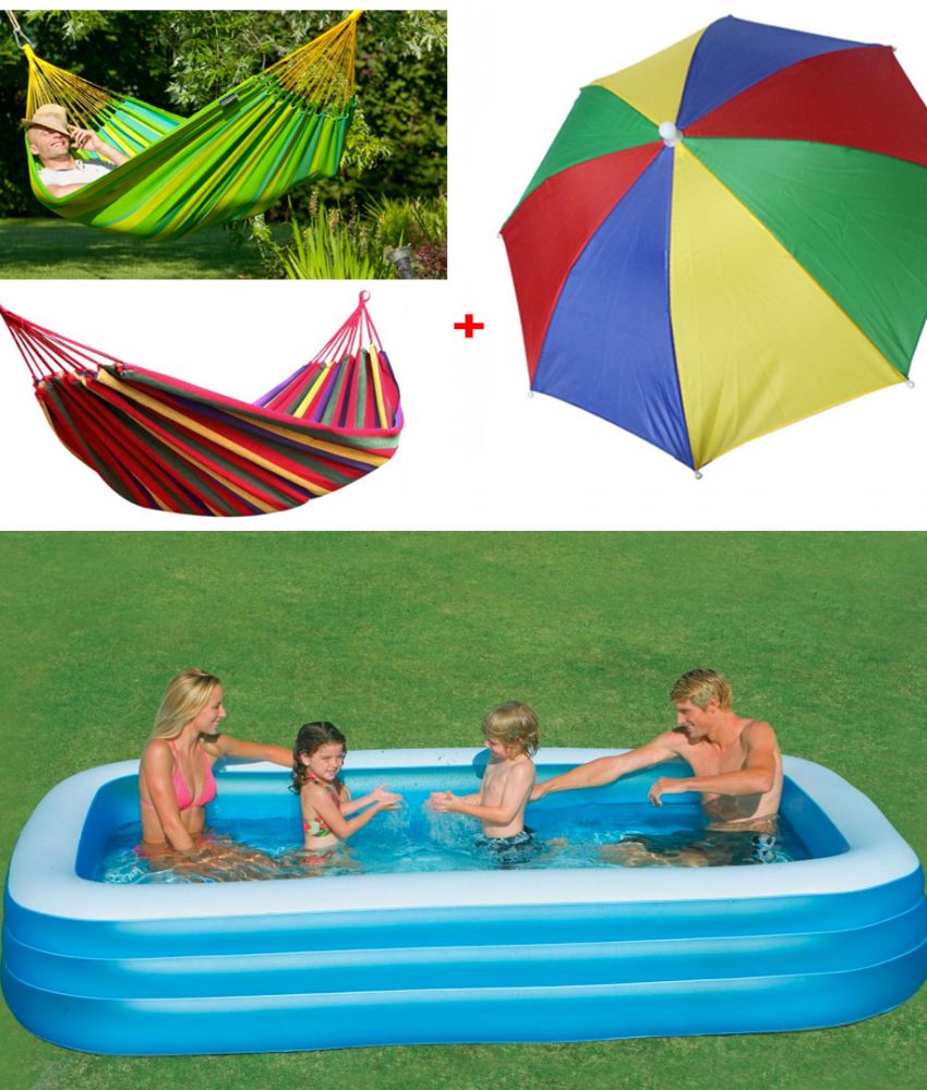 Piscina gonflabila JRH, 2 inele Family Pool, dreptunghiulara, 201x150x51cm + Hamac Columbian Din In Multicolor 80x200 cm+ Cadou Umbrela Cu Protectie Uv!