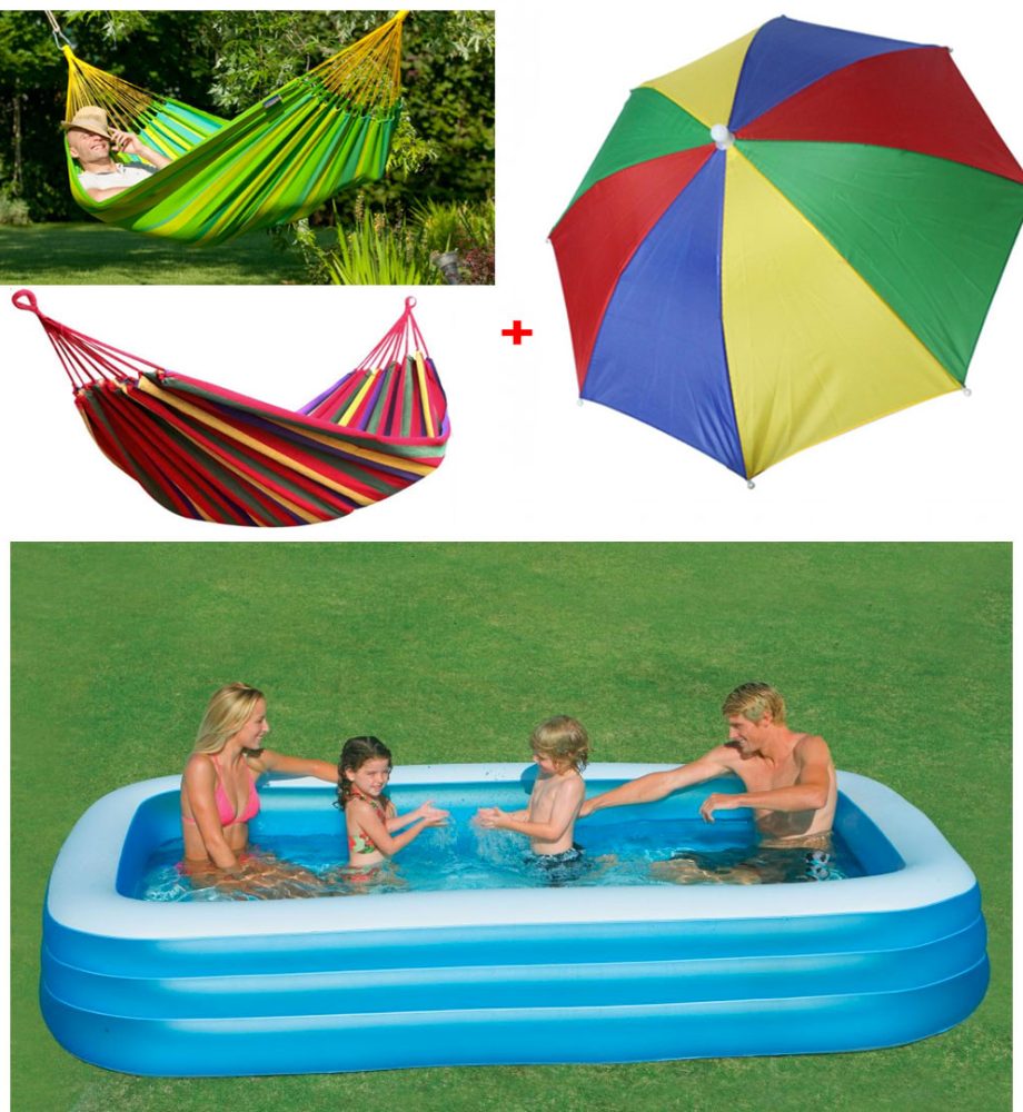 Piscina gonflabila JRH, 2 inele Family Pool, dreptunghiulara, 201x150x51cm + Hamac Columbian Din In Multicolor 80x200 cm+ Cadou Umbrela Cu Protectie Uv!