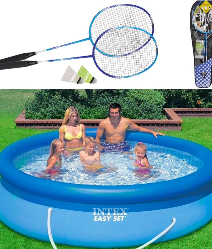 Piscina gonflabila, rotunda, BestWay FastSet, 244 x 61 cm, 1880 L+ Set 2 Rachete badminton Fighter Pro in husa de transport + Fluturas