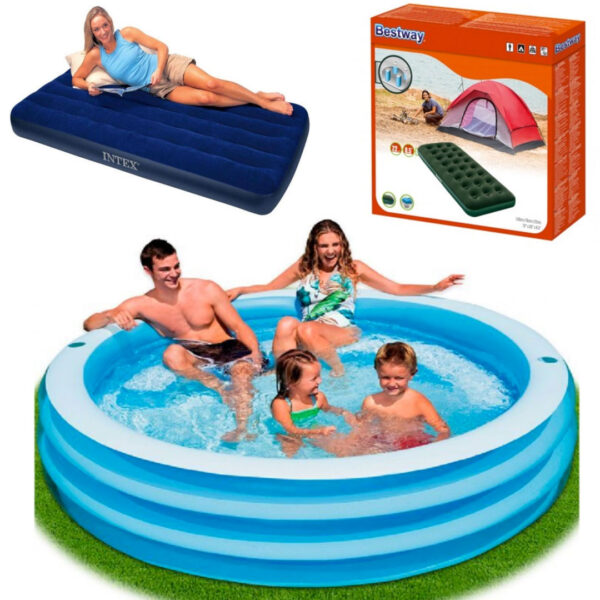 Piscina Family Intex, Gonflabila, 4 Inele, Capacitate 780l + Saltea Gonflabila Catifelata, Intex 185 X 76 X 22cm, Pentru Exterior Sau Interior