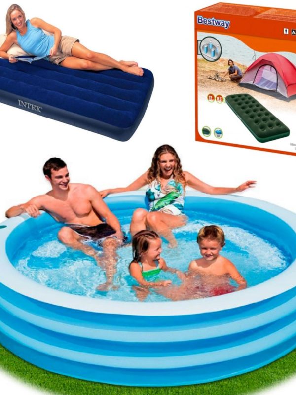 Piscina Family Intex, Gonflabila, 4 Inele, Capacitate 780l + Saltea Gonflabila Catifelata, Intex 185 X 76 X 22cm, Pentru Exterior Sau Interior