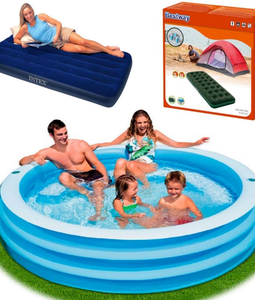 Piscina Family Intex, Gonflabila, 4 Inele, Capacitate 780l + Saltea Gonflabila Catifelata, Intex 185 X 76 X 22cm, Pentru Exterior Sau Interior