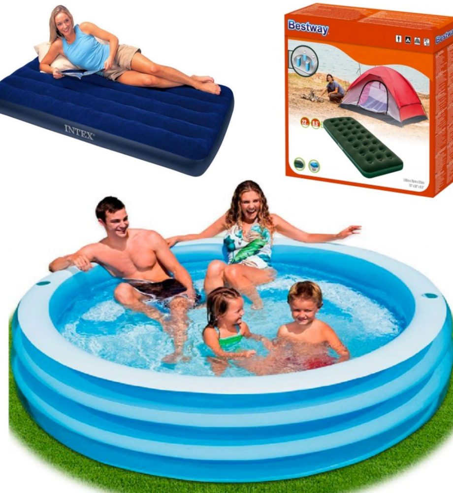 Piscina Family Intex, Gonflabila, 4 Inele, Capacitate 780l + Saltea Gonflabila Catifelata, Intex 185 X 76 X 22cm, Pentru Exterior Sau Interior