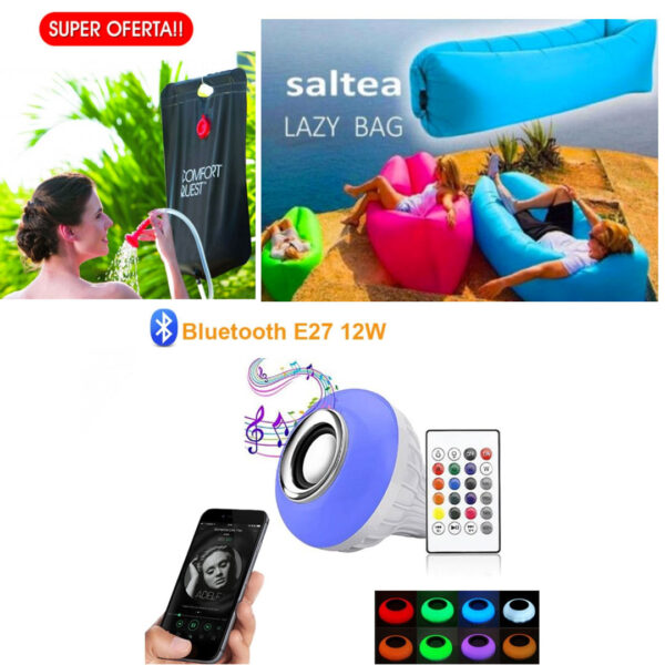 Sezlong Gonflabil Lazy Bag + Dus solar ideal pentru gradina sau camping, 20l + Cadou Bec Disco, Bluetooth, Boxa Inclusa, joc de lumini