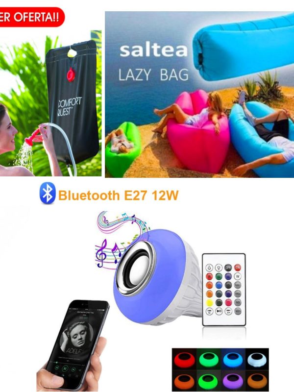 Sezlong Gonflabil Lazy Bag + Dus solar ideal pentru gradina sau camping, 20l + Cadou Bec Disco, Bluetooth, Boxa Inclusa, joc de lumini