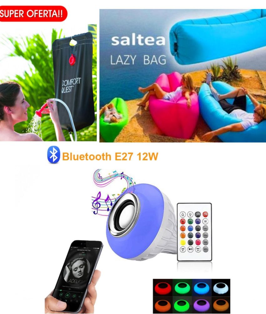 Sezlong Gonflabil Lazy Bag + Dus solar ideal pentru gradina sau camping, 20l + Cadou Bec Disco, Bluetooth, Boxa Inclusa, joc de lumini