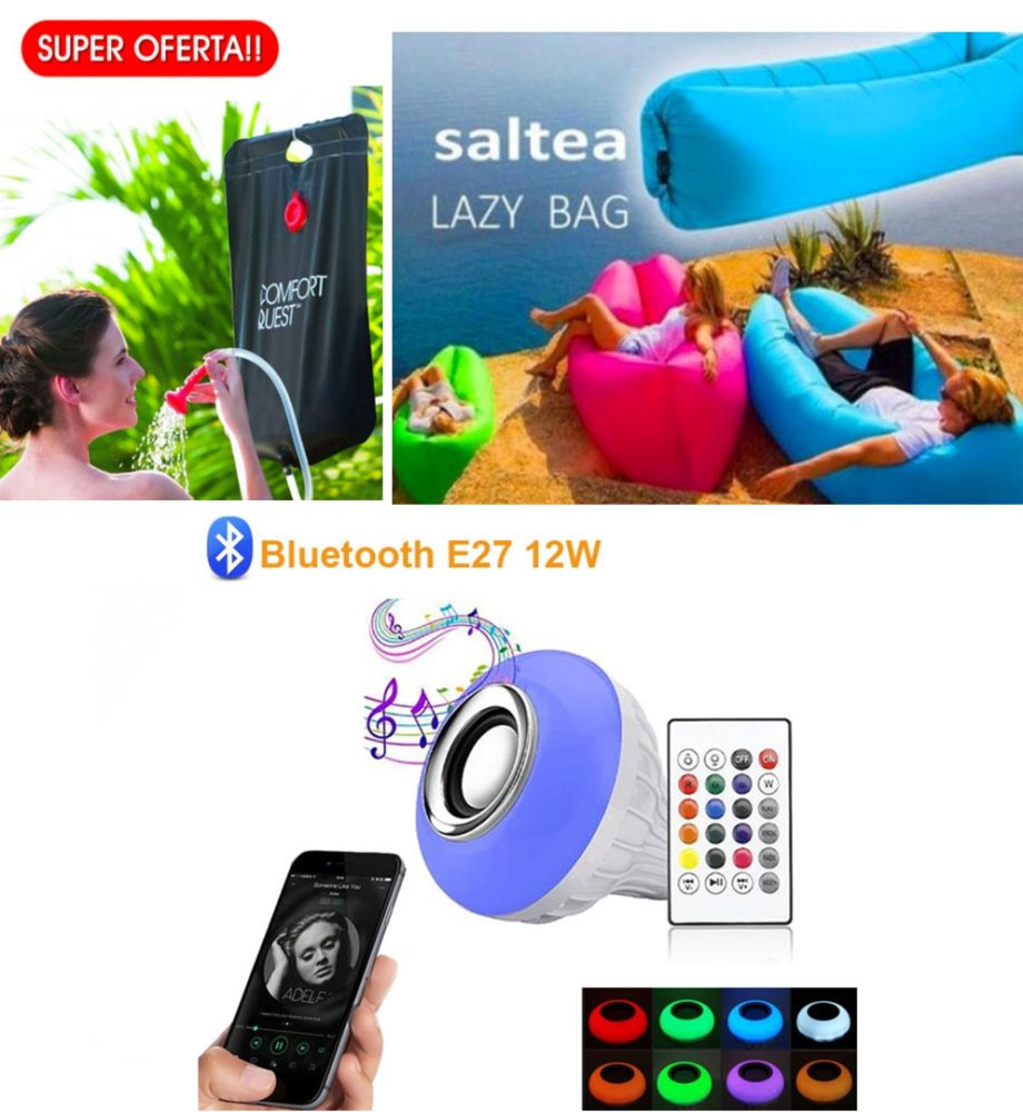 Sezlong Gonflabil Lazy Bag + Dus solar ideal pentru gradina sau camping, 20l + Cadou Bec Disco, Bluetooth, Boxa Inclusa, joc de lumini