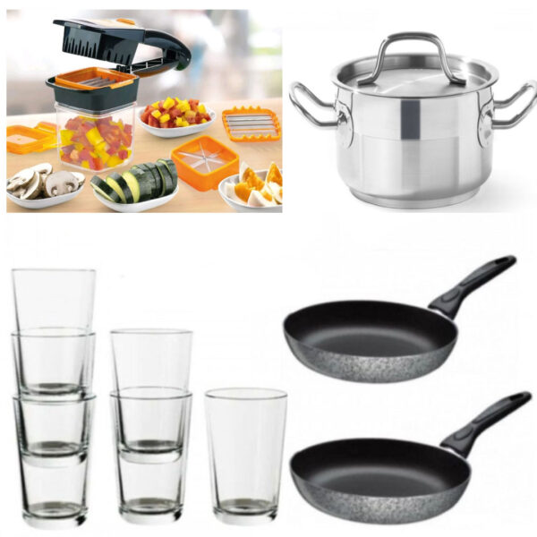 Razatoare profesionala Nicer Dicer Quick 5 in 1 + Set 2 Tigai teflon + Set 6 pahare + Cadou 1 Cratita inox Grunberg