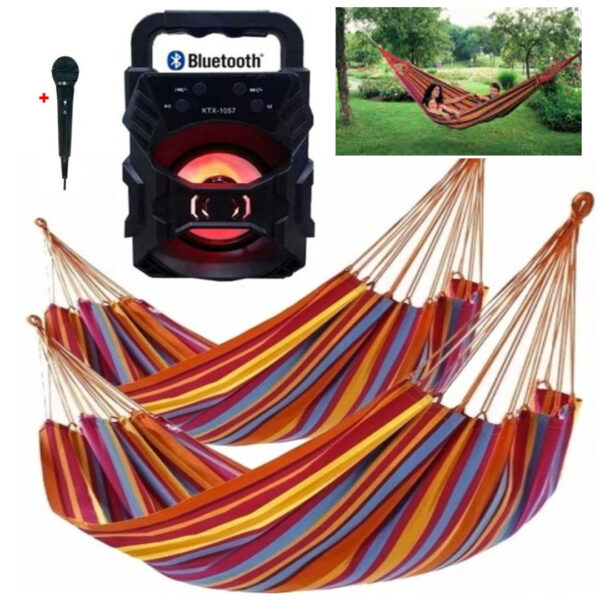Boxa Portabila cu Bluetooth, Radio FB, Aux, Mic. leduri disco, functie Karaoke + Cadou Microfon! + Set 2 Hamace Columbiene din in