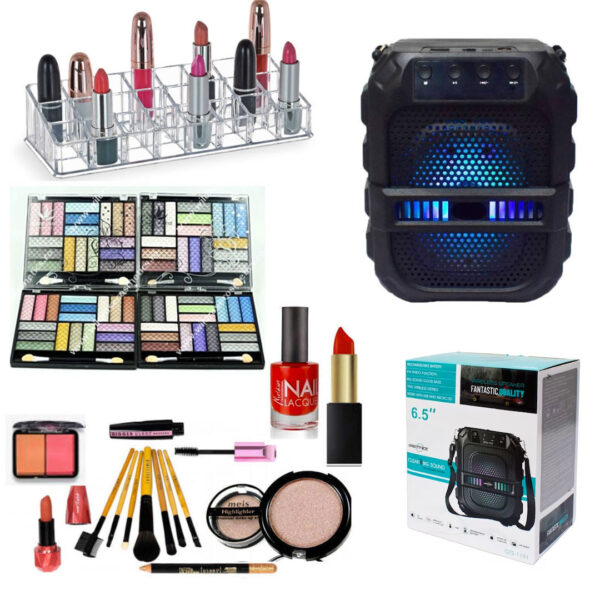 Boxa Bluetooth GTS1191, Acumulator, 6.5 Inch, Radio FM, Suport MP3, USB si Card TF + Set complet make-up: Trusa farduri Paris + Set 5 Pensule + Organizator rujuri + Ruj, Oja, Rimel Extreme Volume, Blush, Creion dermatograf!