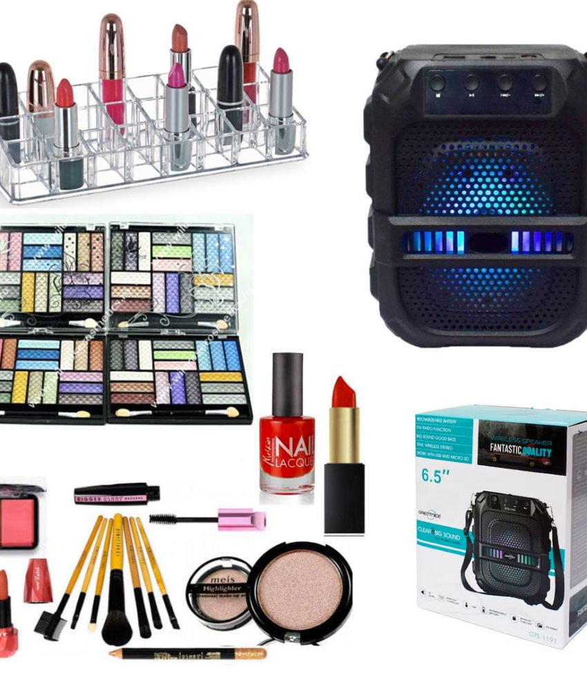 Boxa Bluetooth GTS1191, Acumulator, 6.5 Inch, Radio FM, Suport MP3, USB si Card TF + Set complet make-up: Trusa farduri Paris + Set 5 Pensule + Organizator rujuri + Ruj, Oja, Rimel Extreme Volume, Blush, Creion dermatograf!