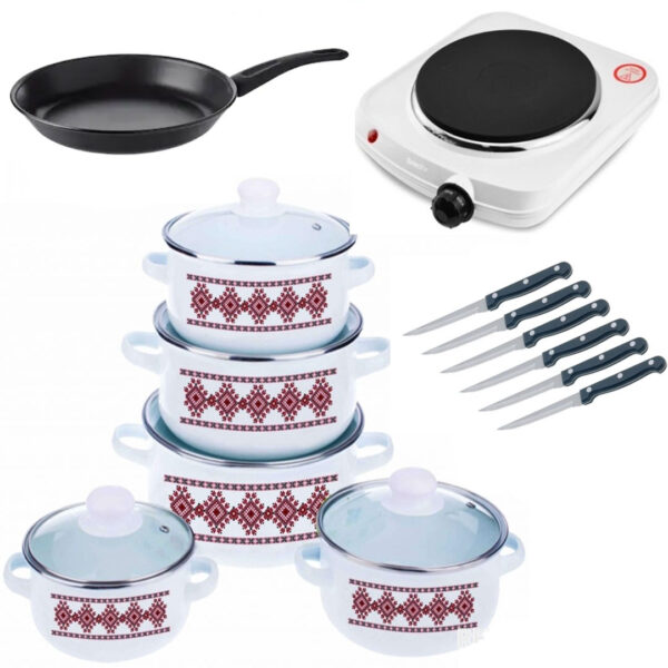 Oale cu capace, 10 piese, otel carbon + Plita electrica cu 1 arzator + Tigaie teflon Delis + Cadou Set 6 cutite friptura