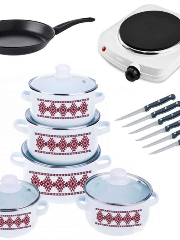 Oale cu capace, 10 piese, otel carbon + Plita electrica cu 1 arzator + Tigaie teflon Delis + Cadou Set 6 cutite friptura