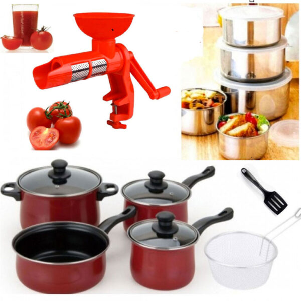 Oale Si Cratite Cu Capace, teflon, Grunberg 8 piese + Set 10 Piese Vase Inox Cu Capace + Masina de tocat rosii