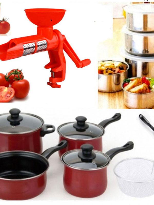 Oale Si Cratite Cu Capace, teflon, Grunberg 8 piese + Set 10 Piese Vase Inox Cu Capace + Masina de tocat rosii