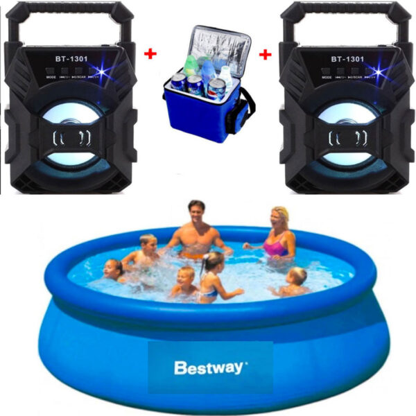Piscina gonflabila, rotunda, BestWay FastSet, 244 x 61 cm, 1880 L+ 2 Boxe portabile cu Bluetooth + Cadou Geanta frigorifica!